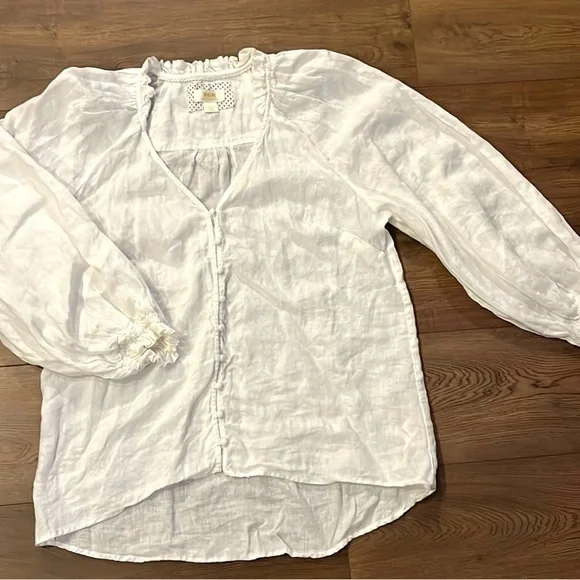Maeve by Anthropologie Blouse The Audie Linen Puff-Sleeve White BohoChic Prairie - Picture 2 of 7